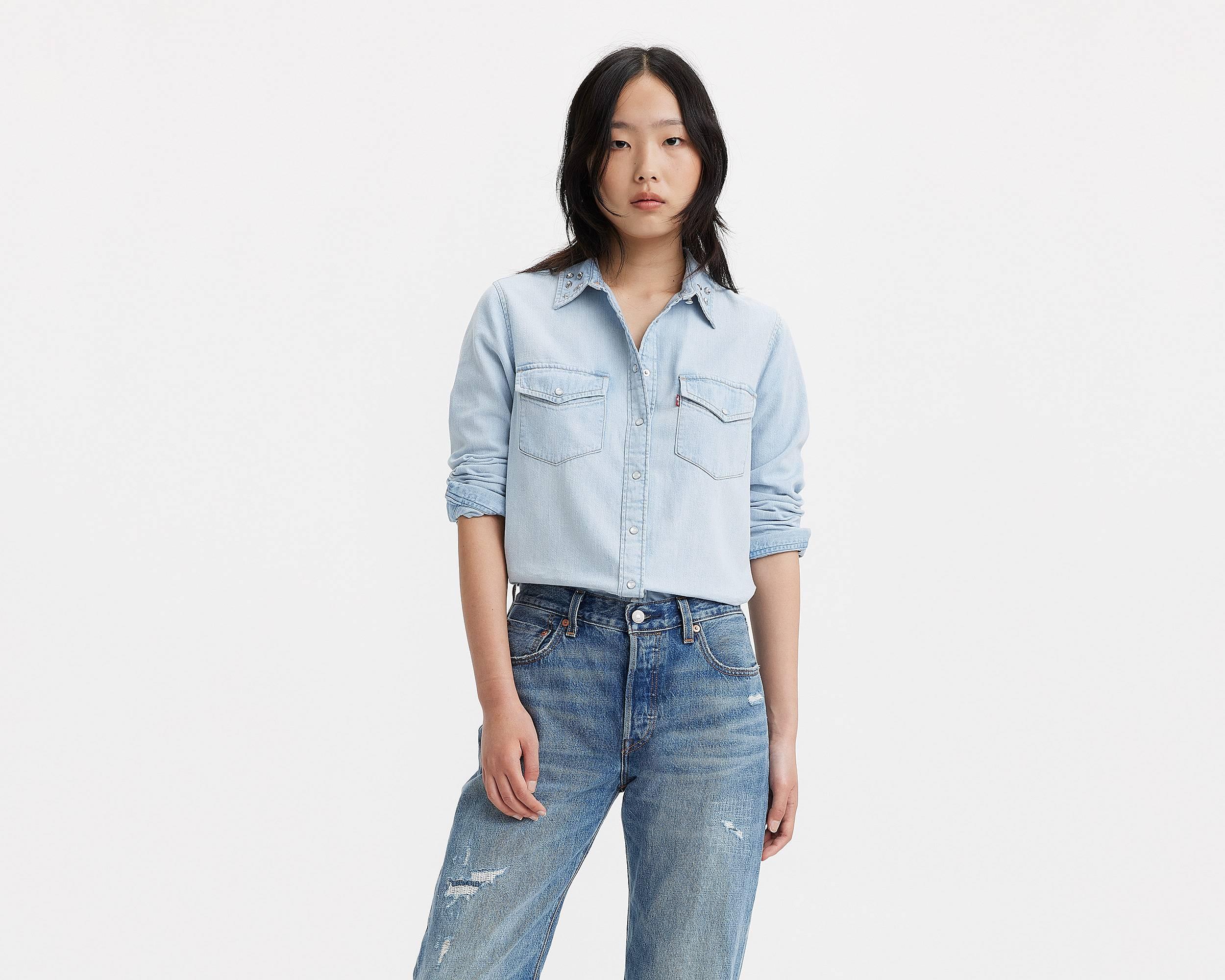 W' Essential Western Shirt Blue - Camicia Denim Jeans Donna Blu Chiaro